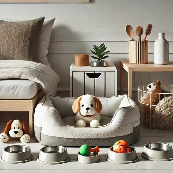 Minimalist pet friendly home A cozy, minimalist pet area with a comfortable pet bed, a few favorite toys