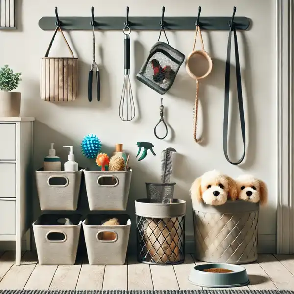 Minimalist pet friendly home space with neatly organized pet accessories