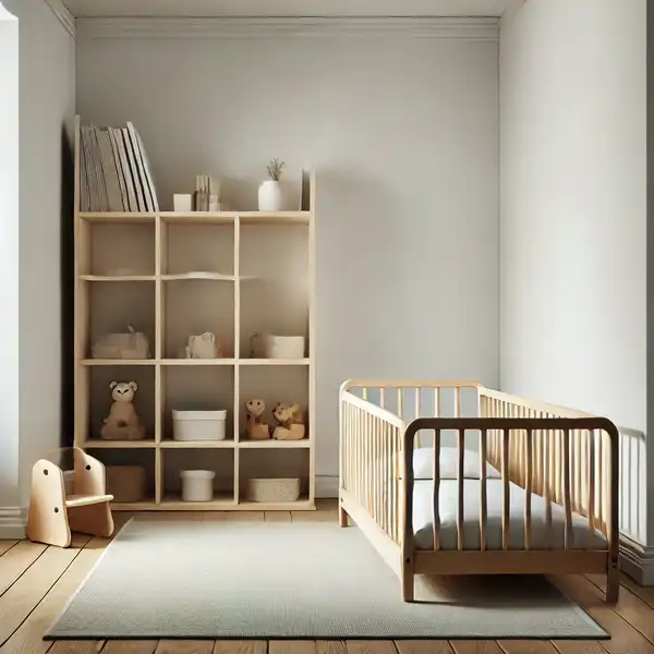 Minimalist toddler room ideas featuring a low to the ground toddler bed with a simple wooden frame