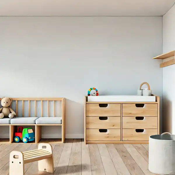 Minimalist toddler room ideas with multi functional furniture, including a wooden bench with built in toy storage and a dresser