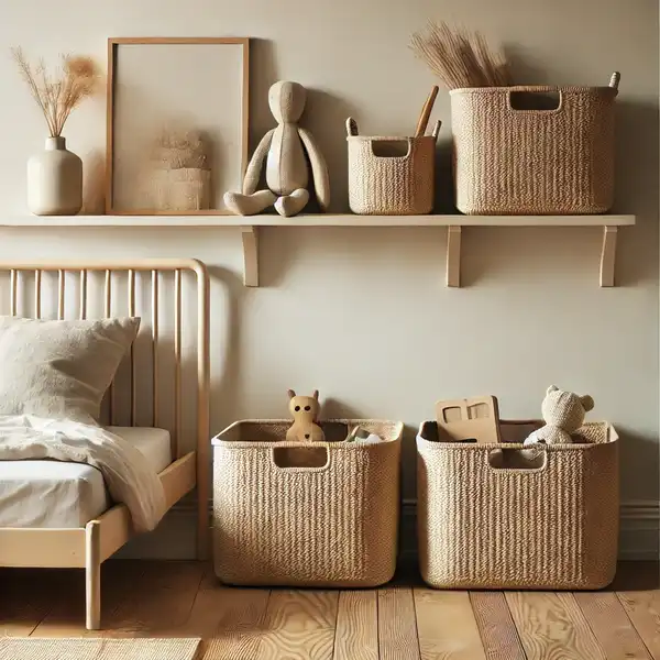 Minimalist toddler room ideas with natural fiber baskets for toy storage