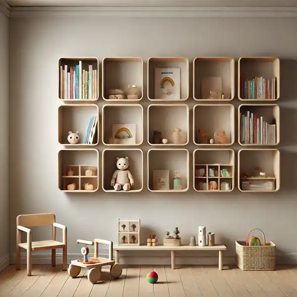 Minimalist toddler room ideas with wall mounted open shelves displaying a small selection of books and toys