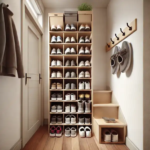 Very small mudroom ideas featuring a compact shoe rack placed near the entrance