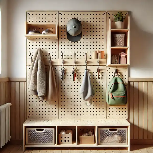 Very small mudroom ideas featuring a pegboard mounted on the wall