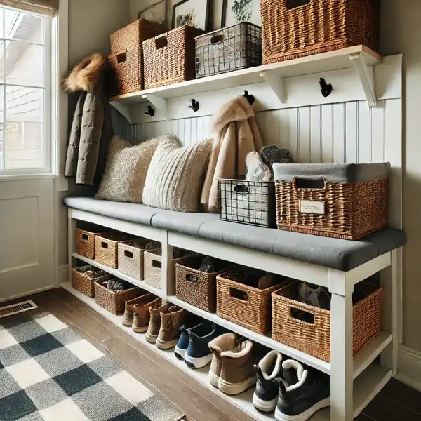 Very small mudroom ideas featuring baskets and bins placed under a bench for easy storage of small items