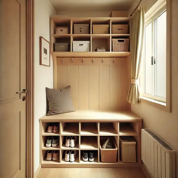 Very small mudroom ideas with a slim storage bench featuring built in storage under the seat