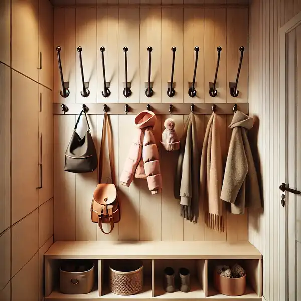 Very small mudroom ideas with a wall featuring several stylish hooks for hanging coats, bags, scarves, and hats