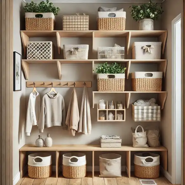 Very small mudroom ideas with floating shelves on the wall