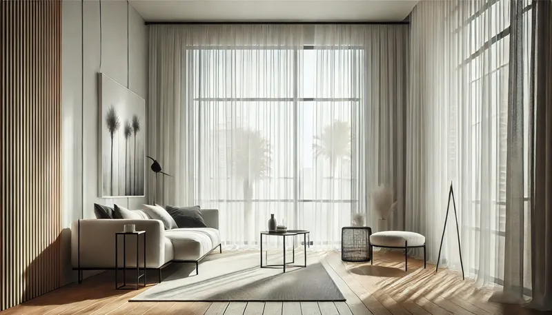 Minimalist Curtain Ideas 1. A modern, minimalist living room featuring sheer white curtains