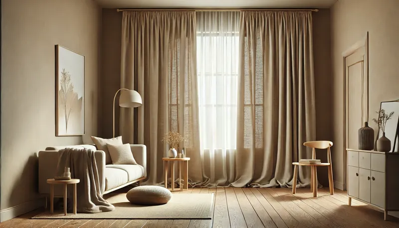 Minimalist Curtain Ideas 2. A cozy, minimalist living room featuring beige linen curtains