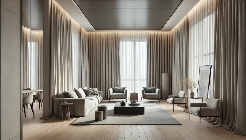 Minimalist Curtain Ideas 3. A contemporary living room with floor to ceiling neutral curtains