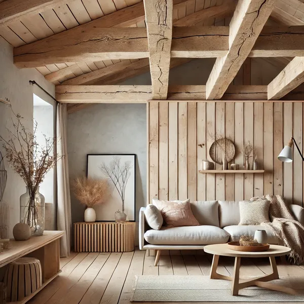 3. Exposed wooden beams in a minimalist rustic style living room