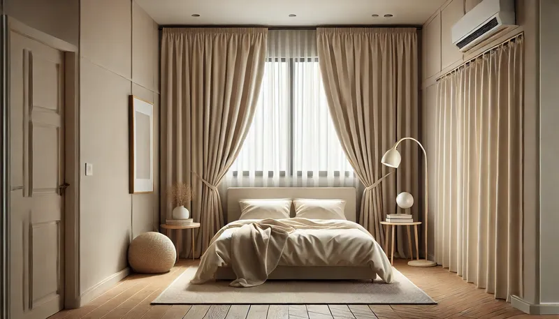 A minimalist bedroom with blackout curtains in a soft cream tone