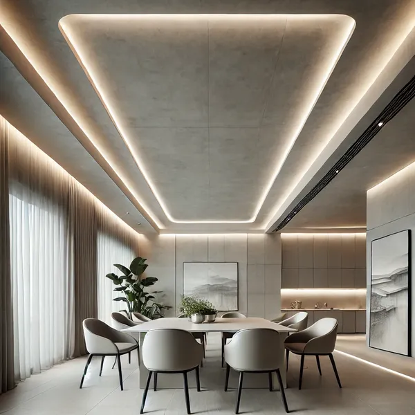 4. A sleek plaster ceiling with recessed lighting in a modern dining area