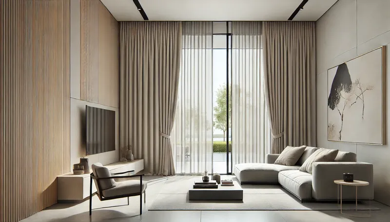 A sleek and modern living room featuring Japanese panel curtains