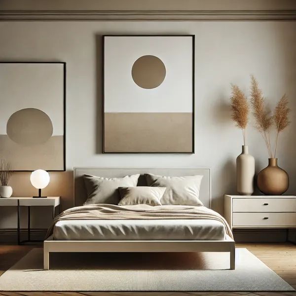 A minimalist bedroom design with simple wall art and decor