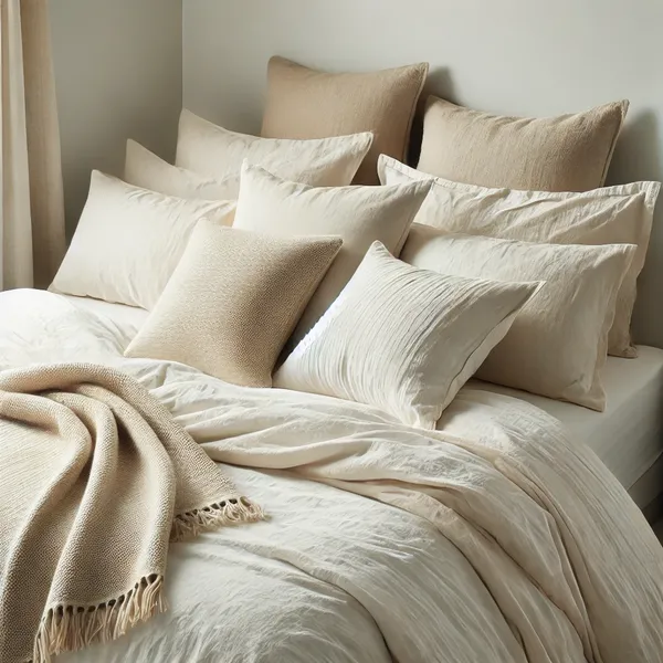 A minimalist bedroom with simple, neutral toned bed linens