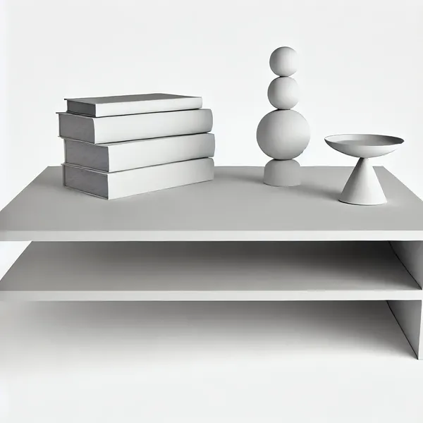 A minimalist coffee table featuring one or two major statement pieces, such as a stack of books and a small sculpture