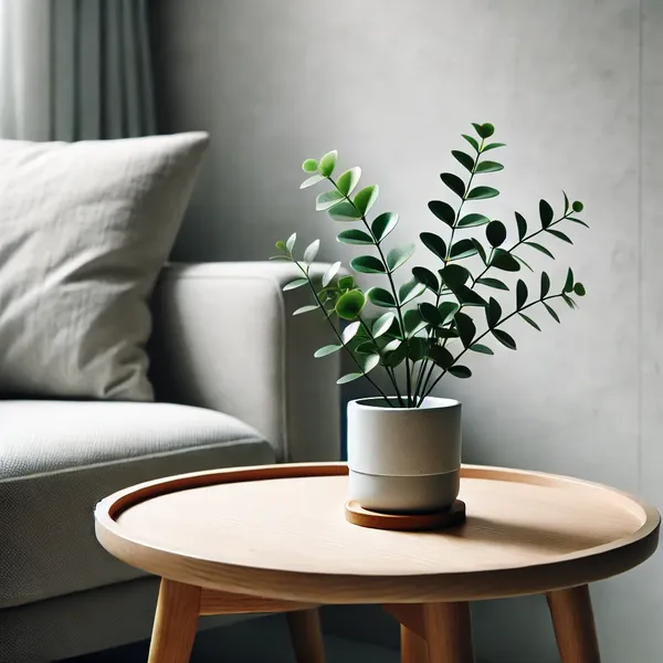 A minimalist coffee table setup with a touch of nature, featuring a small potted plant