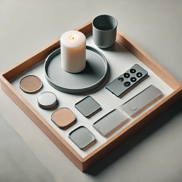 A minimalist coffee table with a tray used to organize small items