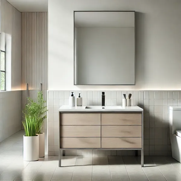 A sleek and modern minimalist bathroom vanity with clean lines, neutral colors, and simple hardware