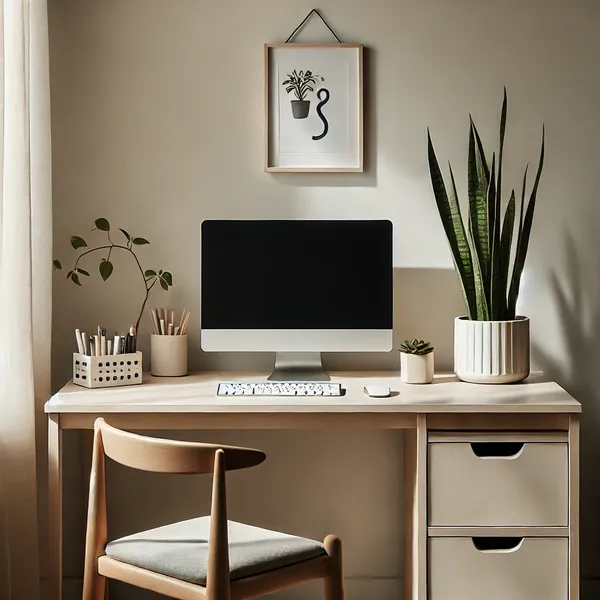 Minimalist Home Office Decorating featuring a clean, organized desk with a small potted plant