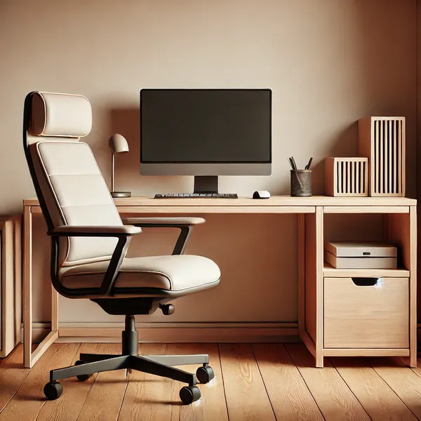 Minimalist Home Office Decorating featuring a simple wooden desk and a comfortable ergonomic chair