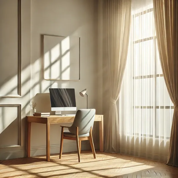 Minimalist Home Office Decorating with natural light streaming in from a large window