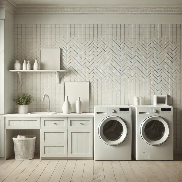 Minimalist Laundry Room Ideas 6. Neutral Tile Backsplash