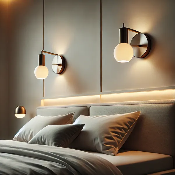 Minimalist lighting in a modern Bedroom with wall mounted sconces by the bedside