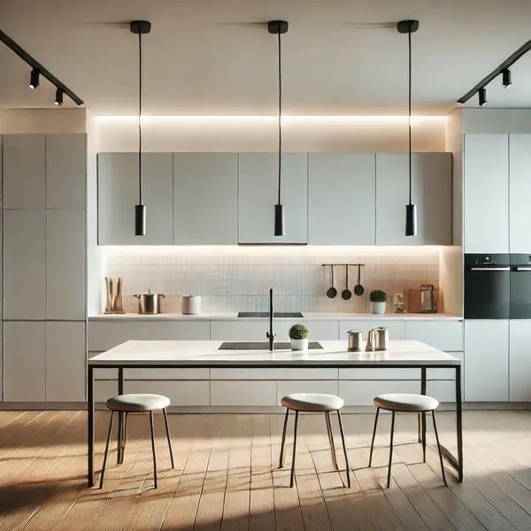 Minimalist lighting in a modern Kitchen with pendant lights over the island