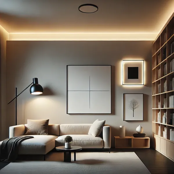 Minimalist lighting in a modern Living Room with recessed ceiling lights